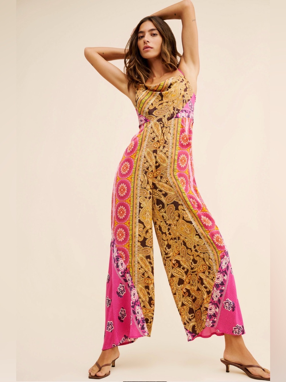 Free People Miranda Printed Wide Leg‎ Halter Jumpsuit Large NWT